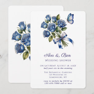 Invitation Élégantes Roses Bleues Papillon Mariage Argenté