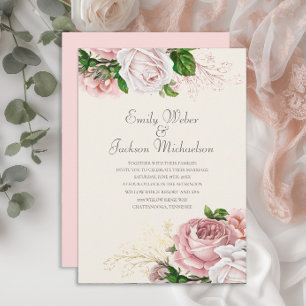 Invitation Élégantes Roses Botaniques Fleurs Roses Crème Mari