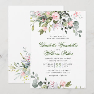 Invitation Élégantes Roses de mariage au eucalyptus et verdur