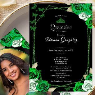Invitation Élégantes Roses et Couronne Verte Quinceanera