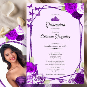 Invitation Élégantes Roses et Couronne Violet Quinceanera