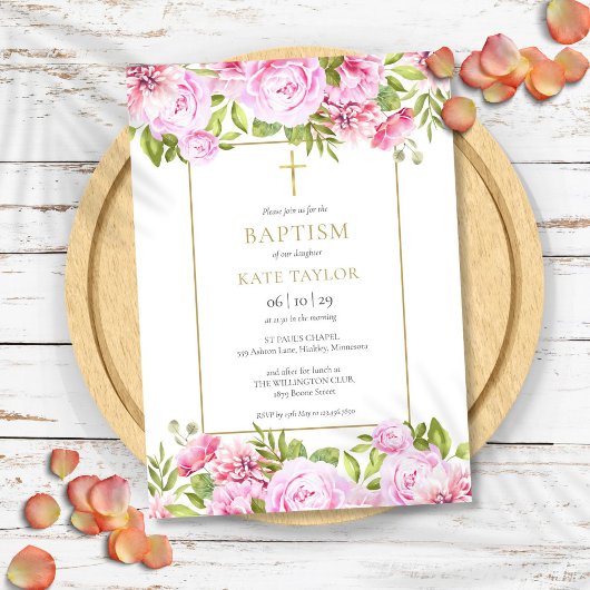 Invitation Élégantes Roses Fleur de Baptême Christening