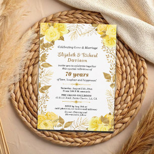 Invitation Élégantes Roses Fleurs Or 70e Anniversaire de Mari