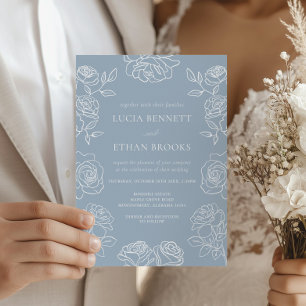 Invitation Élégantes Roses Françaises Bleu Poussiéreux Mariag
