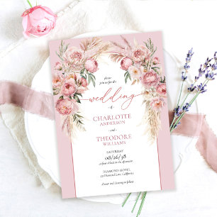Invitation Élégantes Roses Fuschia Herbe de Pampas Fleurie Ma