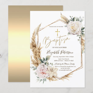 Invitation Élégantes Roses Herbe de Pampas Baptême