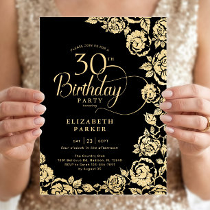 Invitation Élégantes Roses Noires et Or pour 30e Anniversaire