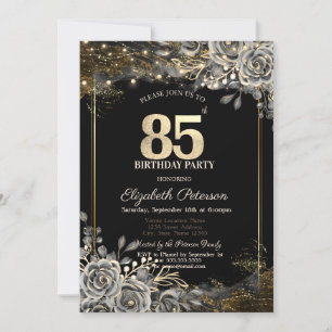 Invitation Elegantes Roses Noires, Lumières 85e Anniversaire