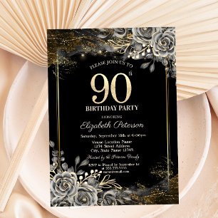Invitation Élégantes roses noires, lumières noires 90e annive