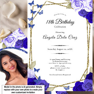 Invitation Élégantes Roses Noires Or Bleu 18ème Anniversaire