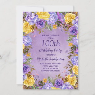 Invitation Élégantes Roses Pivoines Jaunes Violettes 100ème A