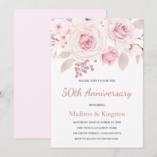Invitation Élégantes Roses Rose Pâle 50ème Anniversaire de Ma (Devant / Derrière)