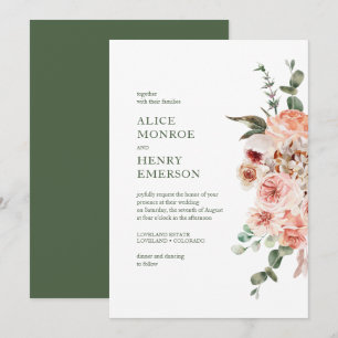 Invitation Élégantes Roses Rose Pâle Aquarelle Moderne pour M