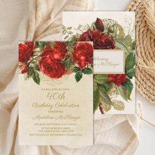 Invitation Élégantes Roses Rouges Champagne 40e Anniversaire