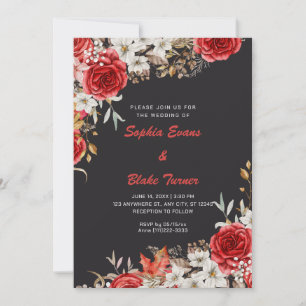 Invitation Élégantes Roses Rouges de Campagne Grises Mariage