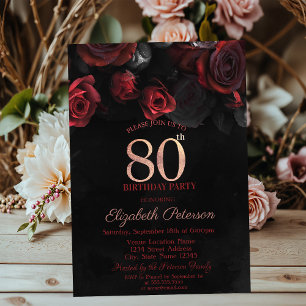 Invitation Élégantes Roses Rouges Noires 80ème Anniversaire