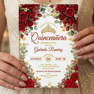Invitation Élégantes Roses Rouges Papillons Dorés Quinceañera