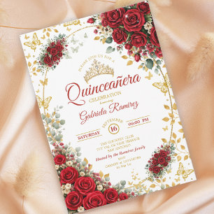 Invitation Élégantes Roses Rouges Papillons Dorés Quinceañera