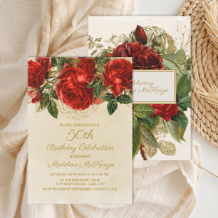 Invitation Élégantes roses rouges vintage pour 50e anniversai