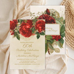 Invitation Élégantes roses rouges vintage pour 60 ans