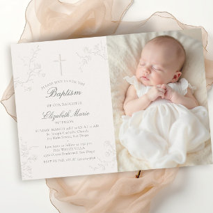 Invitation Élégantes Roses Sauvages Délicat Écru Photo Baptêm