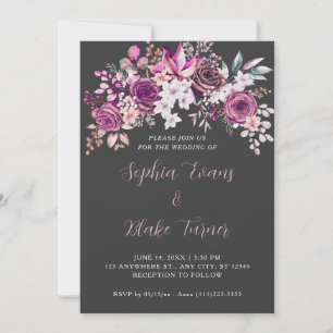 Invitation Élégantes Roses Violettes Fleurs Ombre Grise Maria