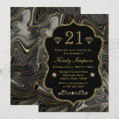 Invitation Élégantes Strates de Géode Noire et Dorée pour Ann (Devant / Derrière)