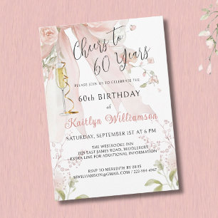 Invitation Elegants Acclamations pour 60 Ans Ruban Rose Flora