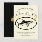 Invitation Élégants anneaux dorés et mariage de poissons marl (Devant / Derrière)