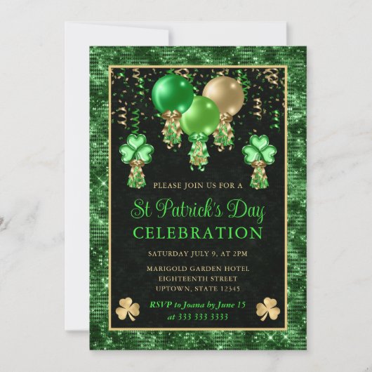 Invitation Élégants ballons verts et dorés St Patrick's Day (Devant)