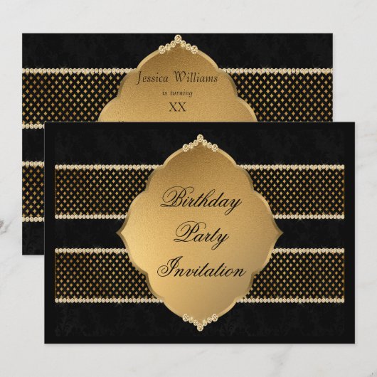 Invitation Élégants Bijoux Noir et Or Décorés Anniversaire (Devant / Derrière)