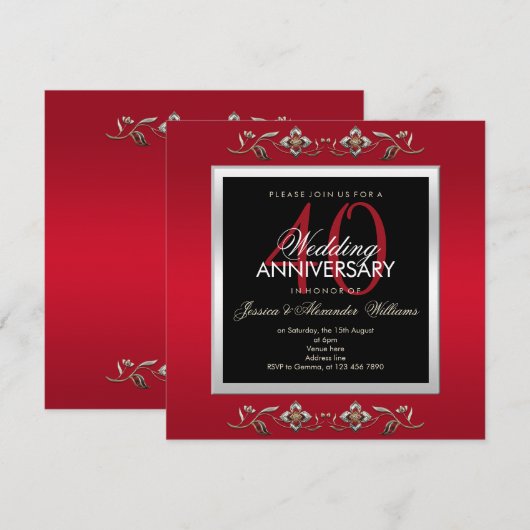 Invitation Élégants Bijoux Rubis 40e Anniversaire de Mariage (Devant / Derrière)