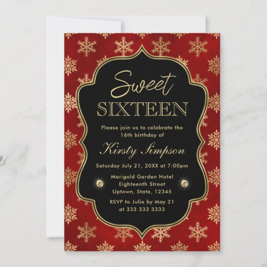 Invitation Élégants flocons de neige rouge et or hiver Sweet  (Devant)