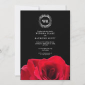 Invitation Élégants Initiales de laurier d'argent noir et rou (Devant)