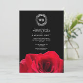 Invitation Élégants Initiales de laurier d'argent noir et rou (Debout devant)