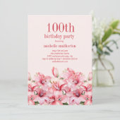 Invitation Élégants lys roses 100e anniversaire (Debout devant)