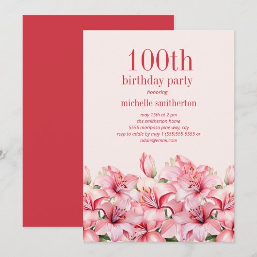 Invitation Élégants lys roses 100e anniversaire (Devant / Derrière)