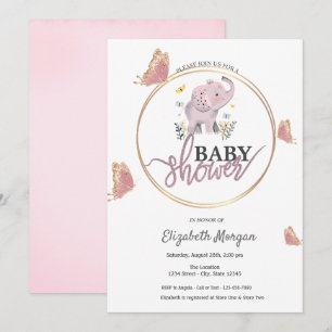Invitation Élégants papillons Baby shower d'éléphant rose