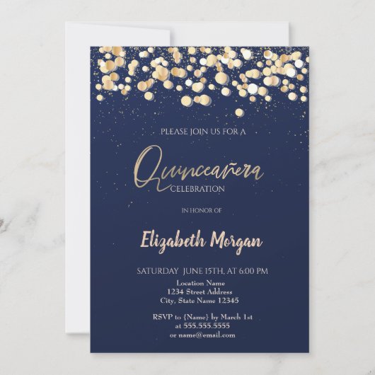 Invitation Elégants points, Confetti Navy Blue Quinceañera (Devant)
