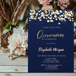 Invitation Elégants points, Confetti Navy Blue Quinceañera