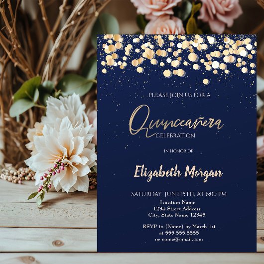 Invitation Elégants points, Confetti Navy Blue Quinceañera