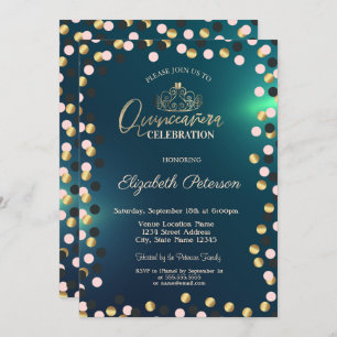 Invitation Elégants points d'or, Tiara Green Quinceañera