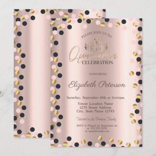 Invitation Élégants points dorés, Diadème,Invitation Quinceañ (Devant / Derrière)
