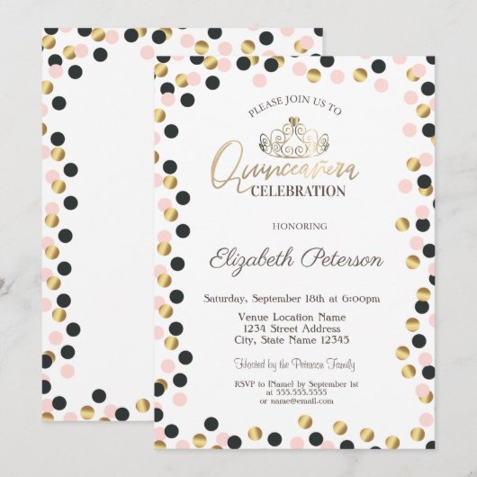 Invitation Élégants points dorés, Diadème, Quinceañera (Devant / Derrière)