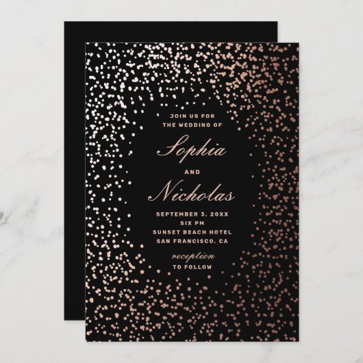 Invitation Élégants pois d'or. Mariage moderne noir (Devant / Derrière)