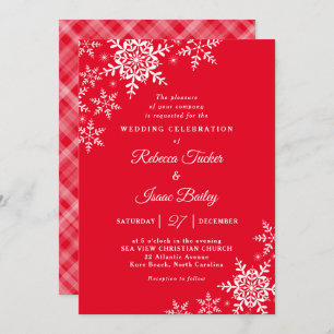Invitation Élégants Snowflakes Plaid Red Christmas Mariage