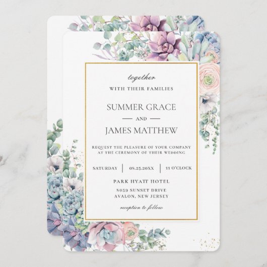 Invitation Élégants succulents Blush Floral Greenery Mariage (Devant / Derrière)