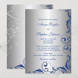 Invitation Élégants Tourbillons Floraux Faux Paillettes Bleu