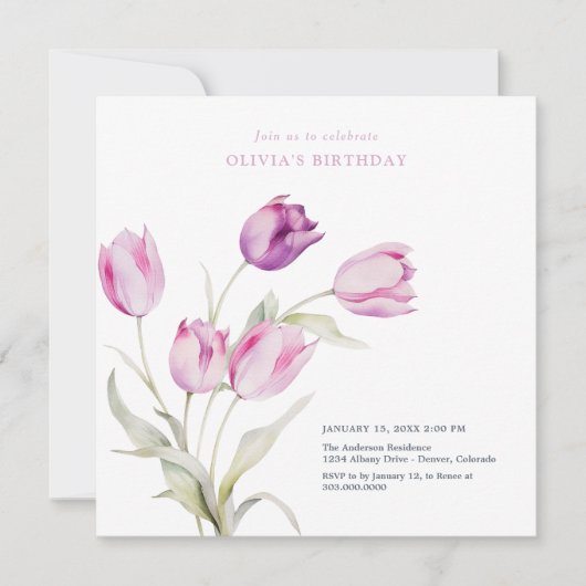 Invitation Élégants tulipes de couleur lilas violet aquarelle (Devant)