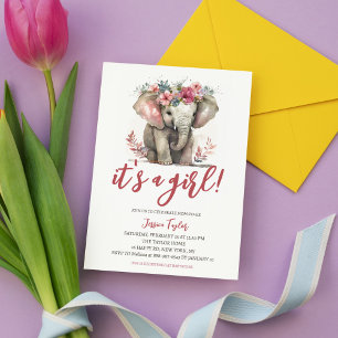 Invitation Élément aquarelle éléphant floral rose Fille Baby
